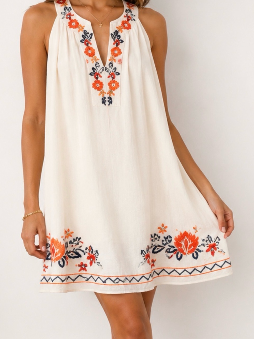THML Cream Mini Dress with Orange & Navy Floral Embroidery  V1